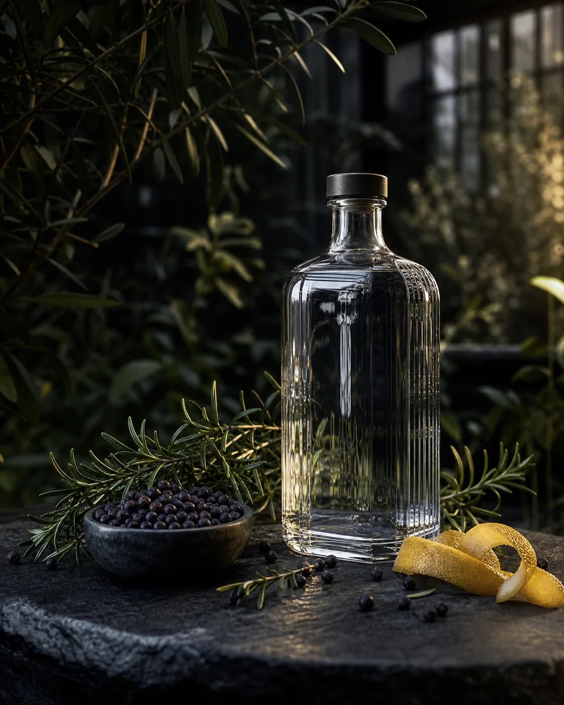 Bottiglia di gin con ginepro, rosmarino e scorza di limone