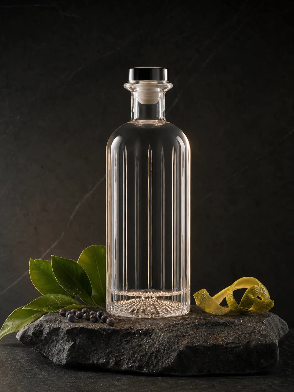Bottiglia di gin con foglie mediterranee e scorza di agrumi