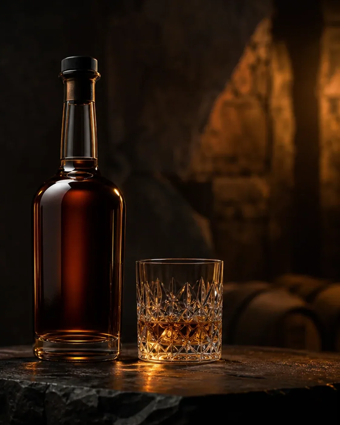 Bottiglia di rum ambrato e bicchiere nella penombra della cantina